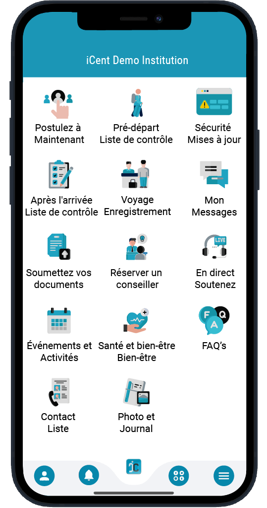 Tableau de bord de l'application mobile iCent